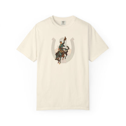 Buckaroo horseshoe tee with vintage bronc rider and desert cactus graphic front view on white background in ivory