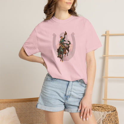 Buckaroo horseshoe tee with vintage bronc rider and desert cactus graphic on model in blossom