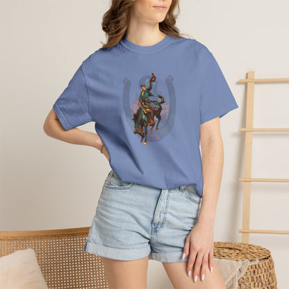Buckaroo horseshoe tee with vintage bronc rider and desert cactus graphic on model in washed denim