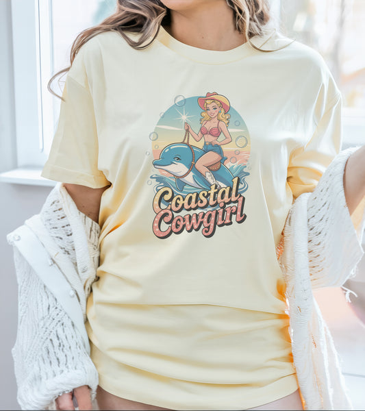 Coastal Cowgirl Dolphin Tee – Retro Beach Meets Western Charm