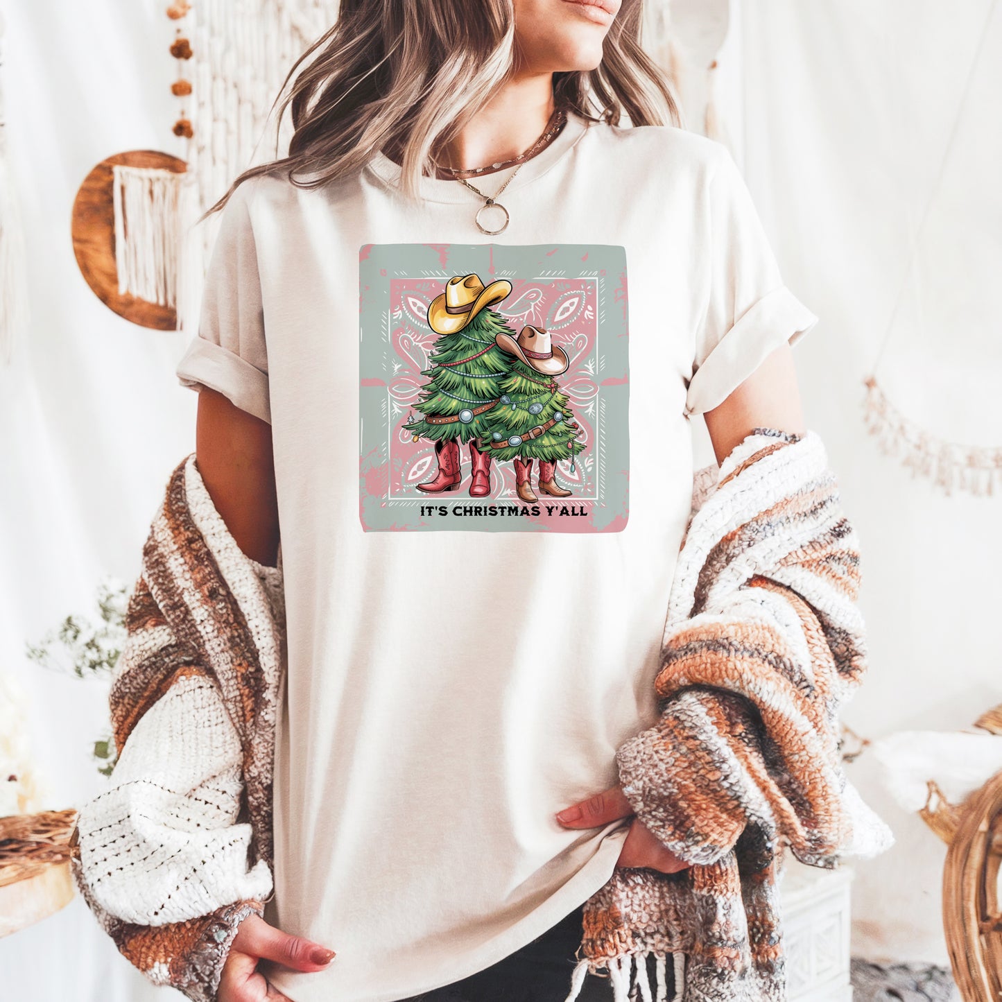Christmas Y’all Comfort Colors t-shirt with Western holiday cowboy Christmas tree graphic