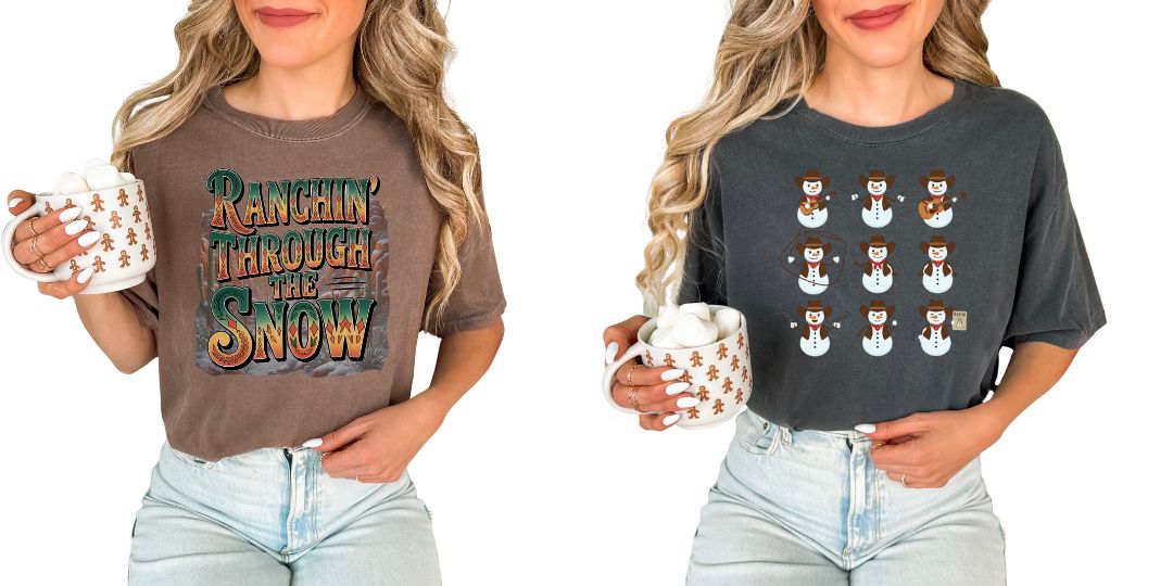 Christmas graphic tees on models