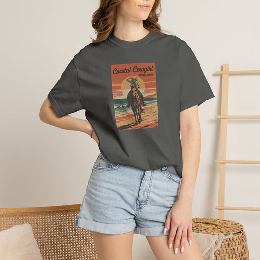 Coastal Cowgirl Social Club Comfort Colors t-shirt with vintage sunset horse graphic