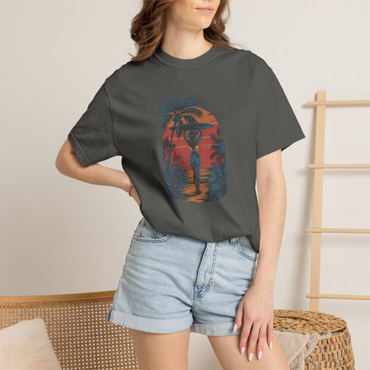 Coastal Cowgirl Surf tee with vintage female surfer graphic on model in color pepper