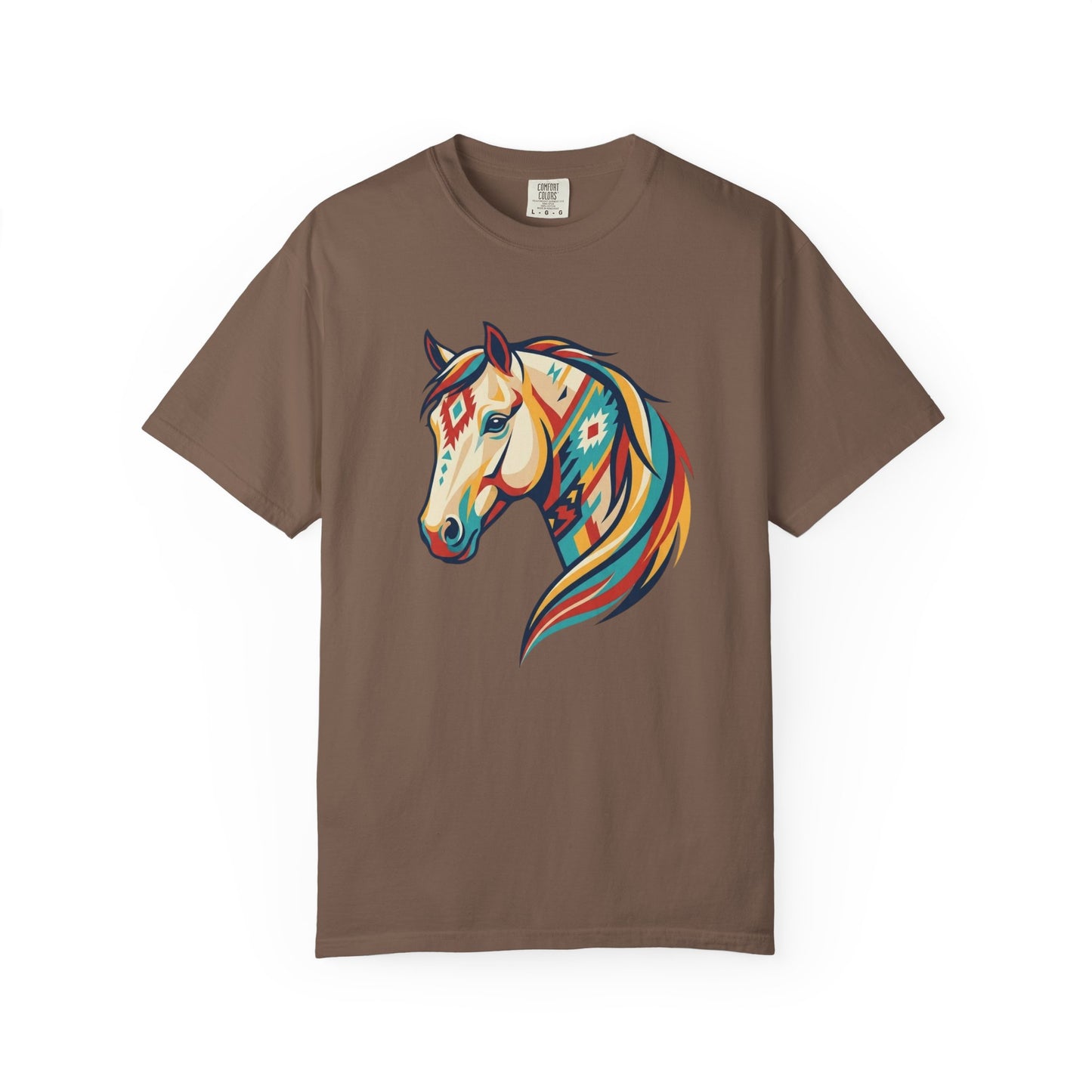 Colourful southwest horse graphic tee design with bold geometric western horse artwork front view in espresso