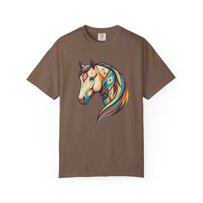 Colourful southwest horse graphic tee design with bold geometric western horse artwork front view in espresso