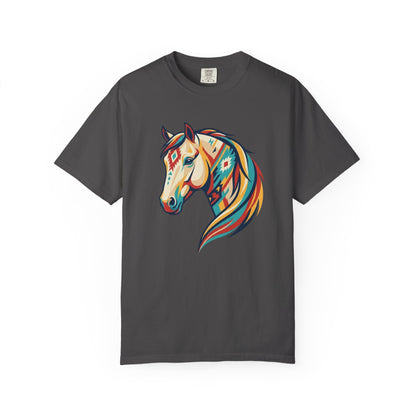 Colourful southwest horse graphic tee design with bold geometric western horse artwork front view in graphite