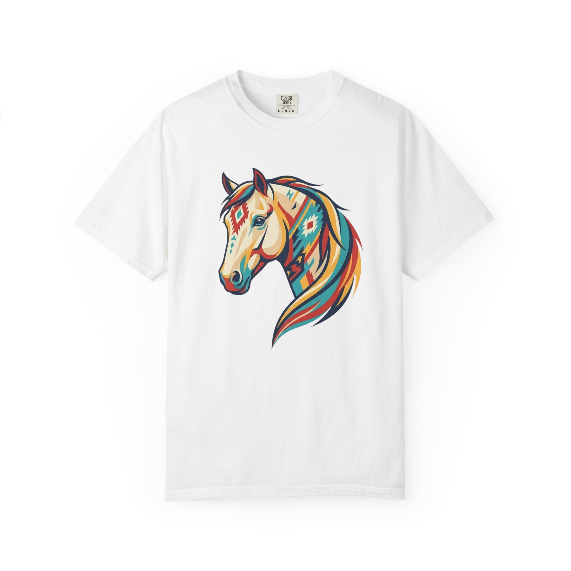 Colourful southwest horse graphic tee design with bold geometric western horse artwork front view in white