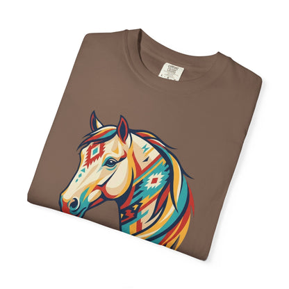 Colourful southwest horse graphic tee design with bold geometric western horse artwork on folded in espresso