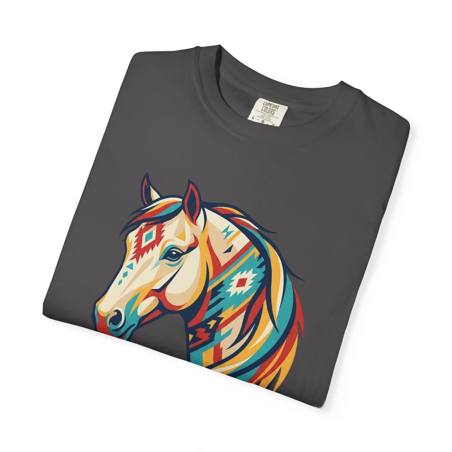 Colourful southwest horse graphic tee design with bold geometric western horse artwork on folded in graphite