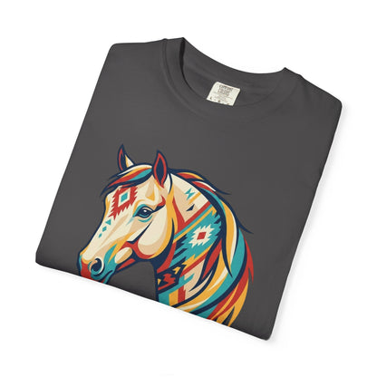 Colourful southwest horse graphic tee design with bold geometric western horse artwork on folded in graphite
