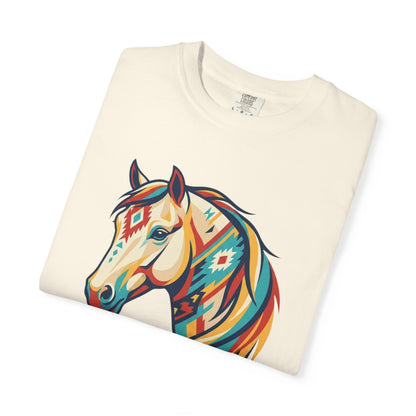 Colourful southwest horse graphic tee design with bold geometric western horse artwork on folded in ivory