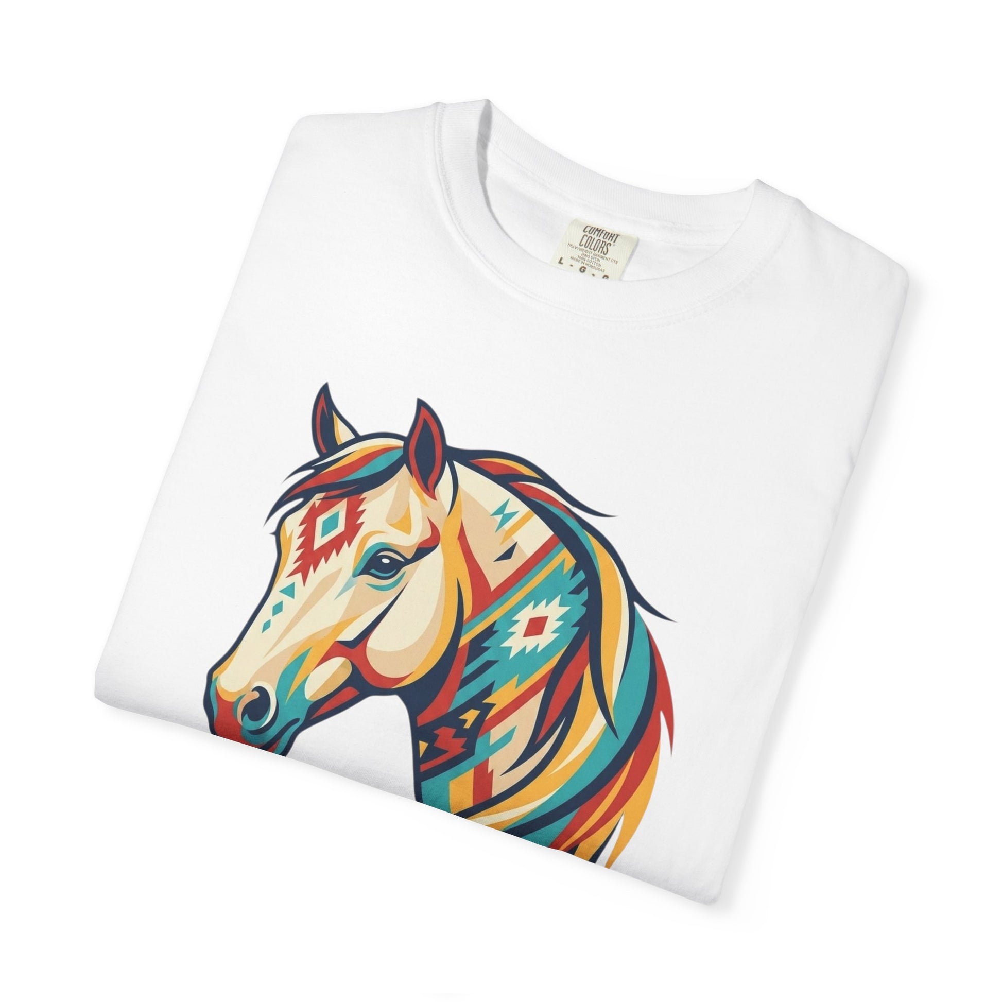 Colourful southwest horse graphic tee design with bold geometric western horse artwork on folded in white