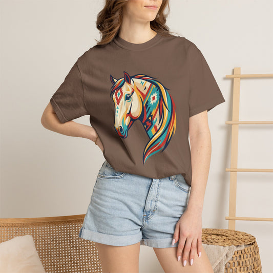 Colourful southwest horse graphic tee design with bold geometric western horse artwork on model in espresso