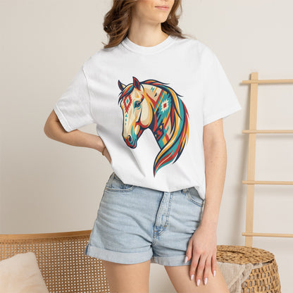 Colourful southwest horse graphic tee design with bold geometric western horse artwork on model in white