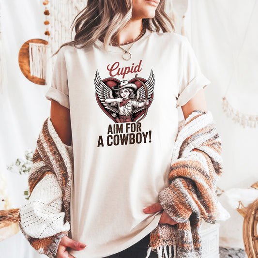 Cowgirl Cupid Comfort Colors t-shirt with Western Valentine bow and arrow graphic