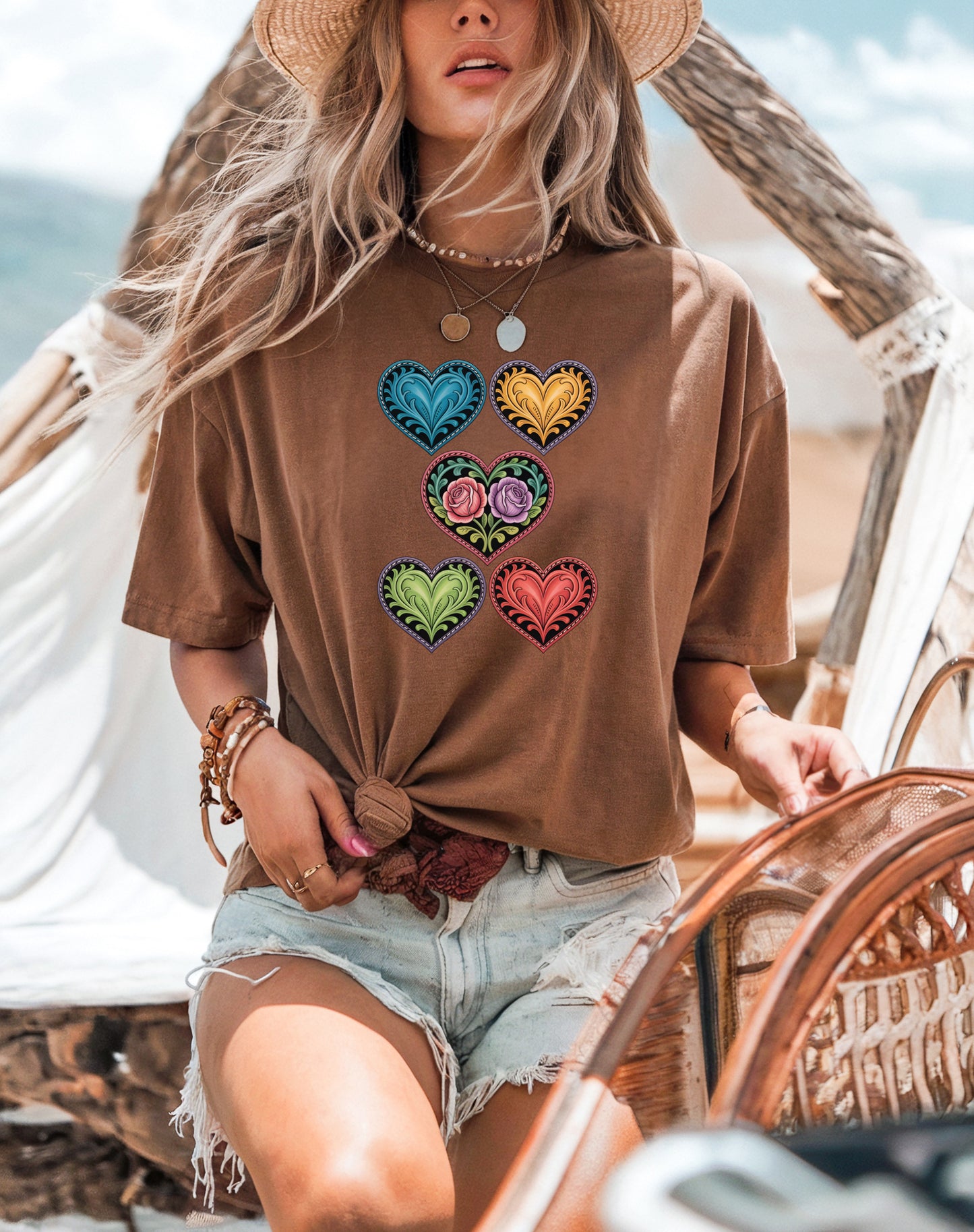 Folk art heart Comfort Colors graphic t-shirt with five colourful decorative hearts