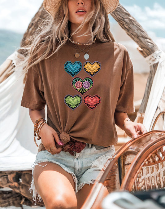 Folk art heart Comfort Colors graphic t-shirt with five colourful decorative hearts