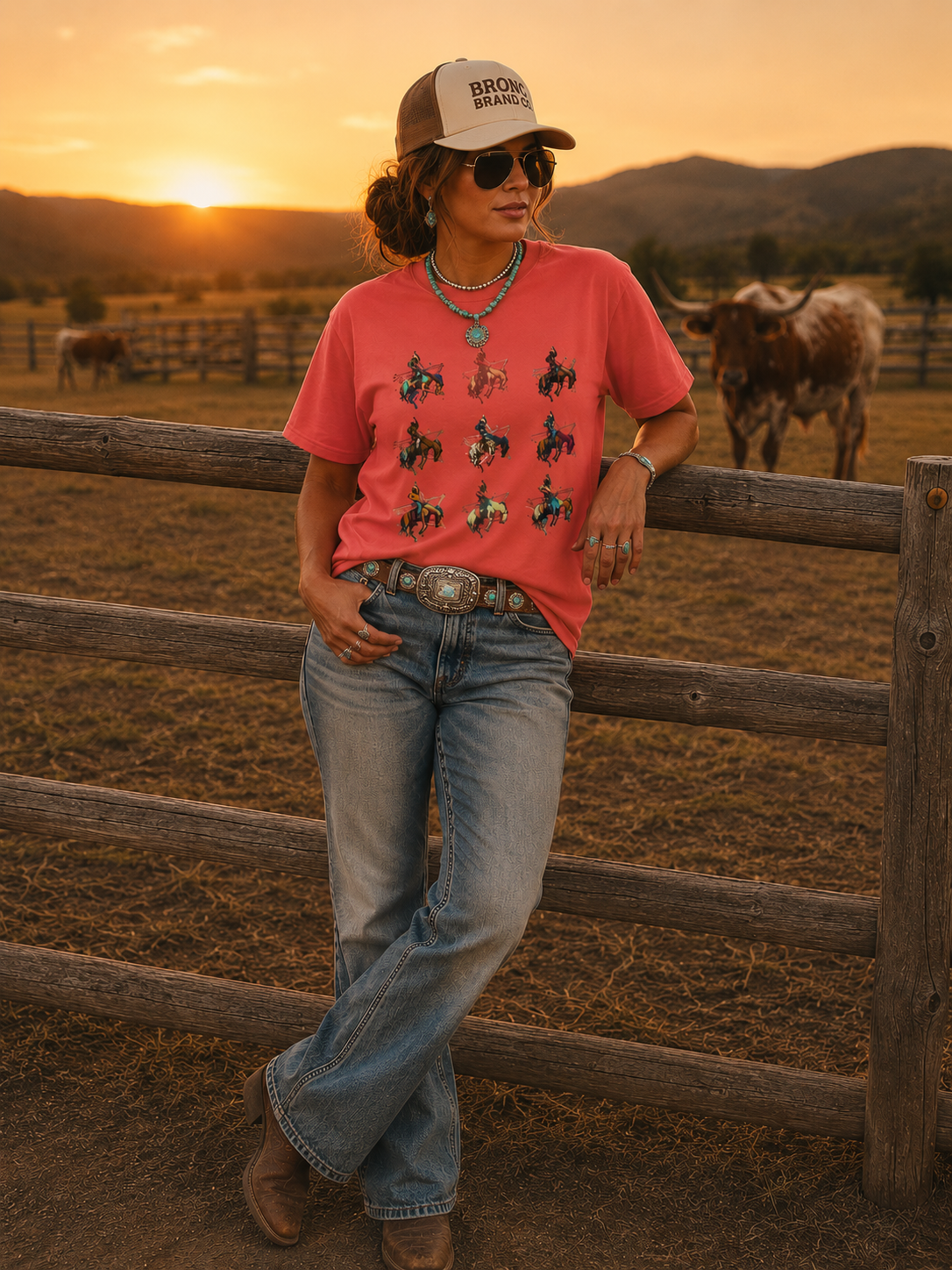 Person wearing a pink shirt with cowboy graphics, blue jeans, and a cap, standing in a rural setting with cows and a sunset.