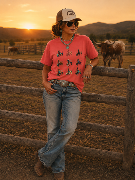 Person wearing a pink shirt with cowboy graphics, blue jeans, and a cap, standing in a rural setting with cows and a sunset.