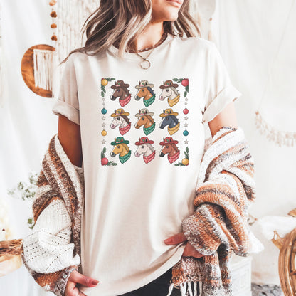 Grid Horse Holiday Comfort Colors Western Christmas t-shirt with three festive horse heads, cowboy hats, bandanas, holly, ornaments, and stars