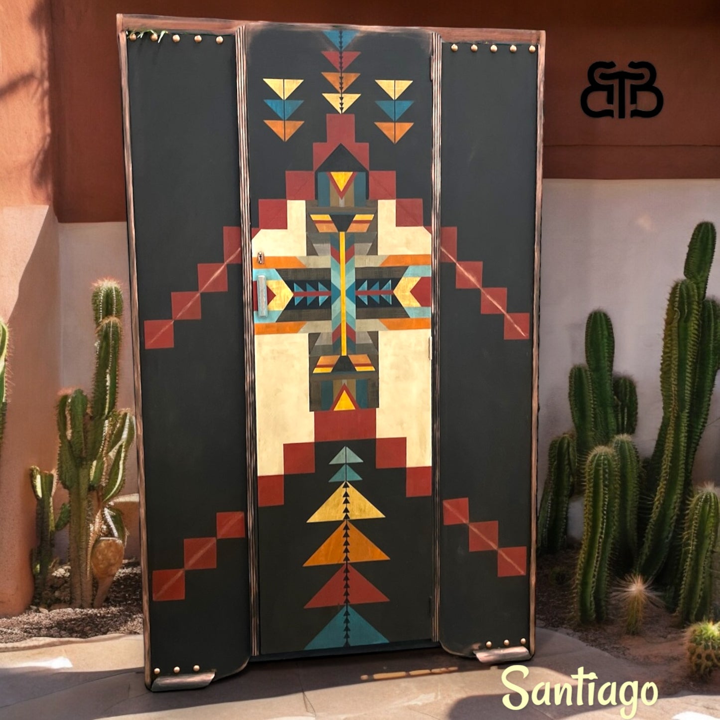 Santiago-Southwestern Armoire – Hand-Painted Geometric Storage Cabinet