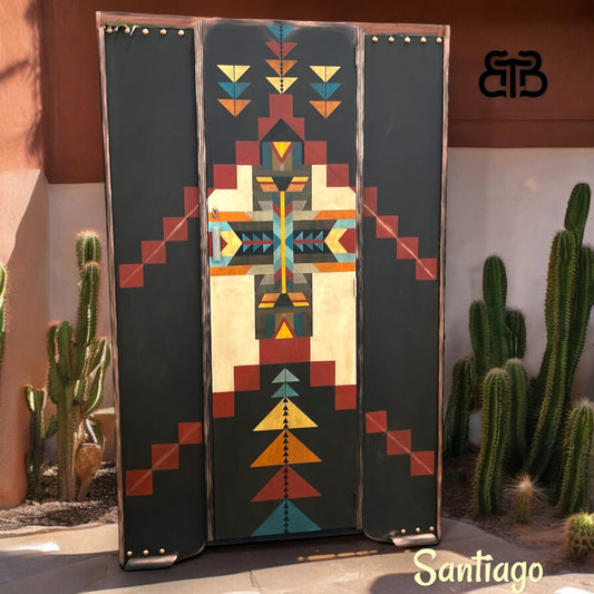 Santiago-Southwestern Armoire – Hand-Painted Geometric Storage Cabinet