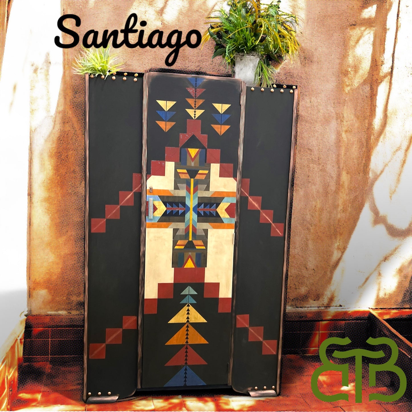 Santiago-Southwestern Armoire – Hand-Painted Geometric Storage Cabinet