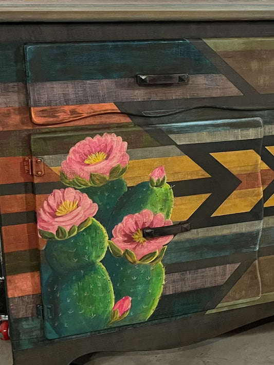 Prairie Rose  Hand-Painted Cactus Buffet – Western Boho Statement Piece