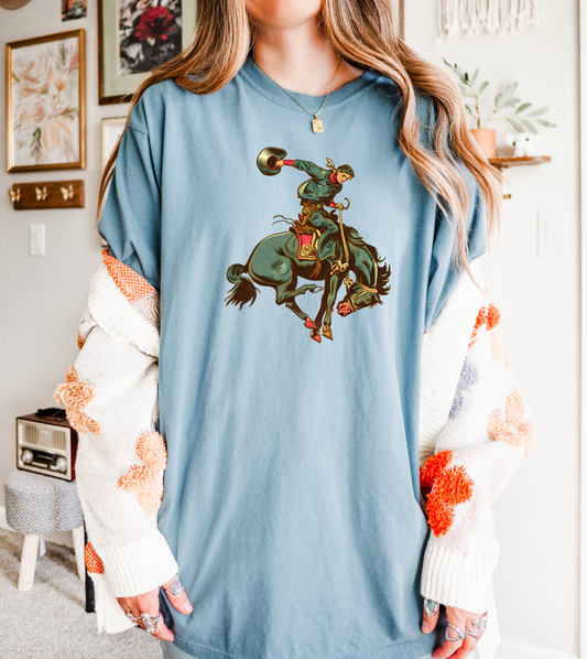 ice blue bucking bronc image blue shirt on model