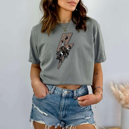 Lightning rider cowboy tee on model in color grey