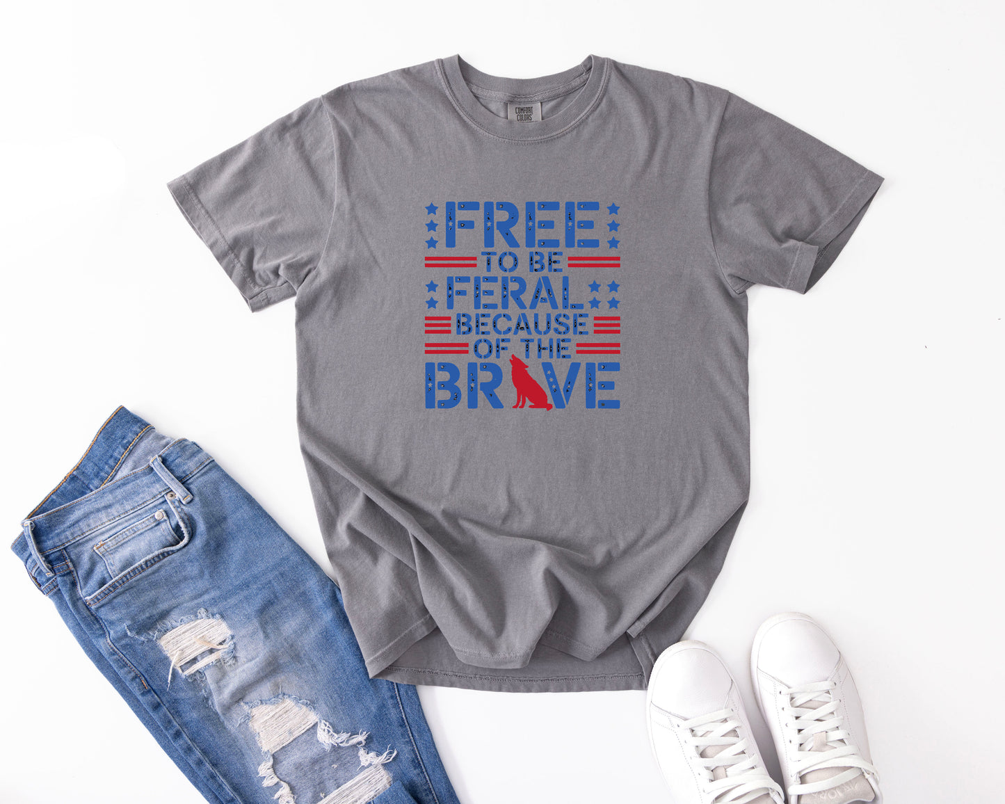 Free to Be Feral Patriotic Wolf Tee