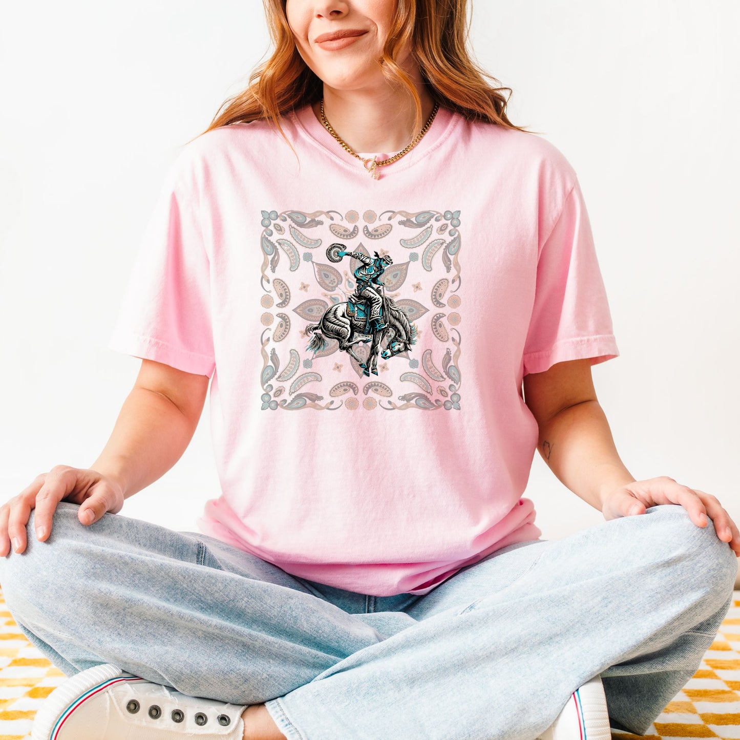 Paisley bronc rider western tee on model in color blossom