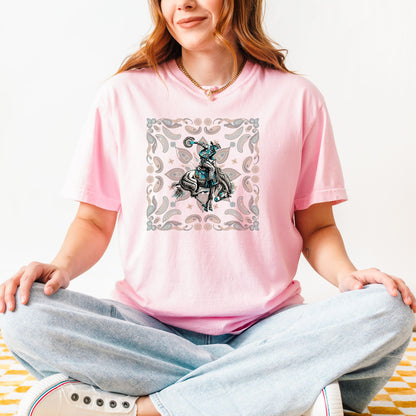 Paisley bronc rider western tee on model in color blossom
