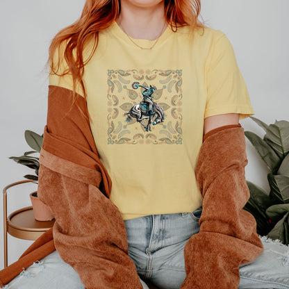 Paisley bronc rider western tee on model in color butter