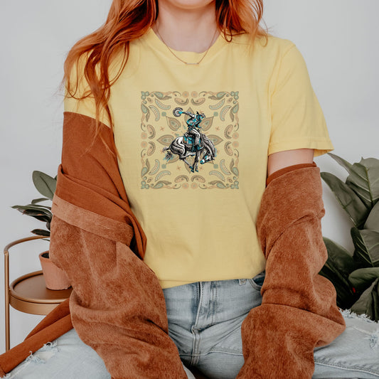 Paisley bronc rider western tee on model in color butter
