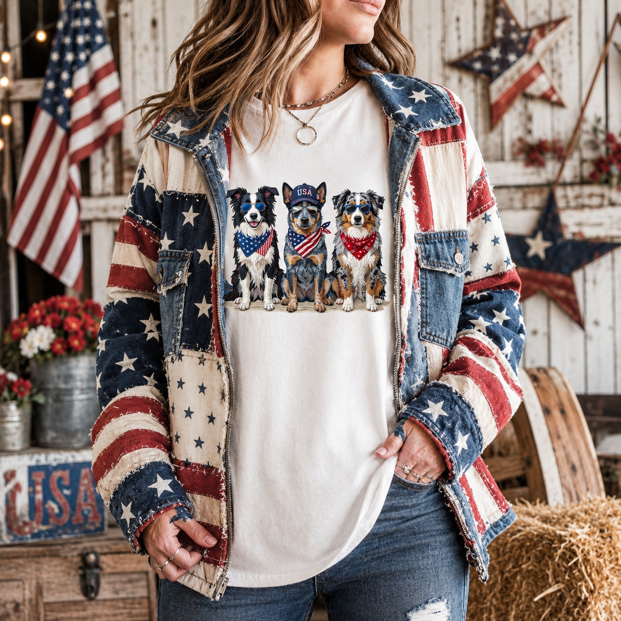 Person wearing a white patriotic dog trio illustration t-shirt  and an American flag jacket in a rustic setting.