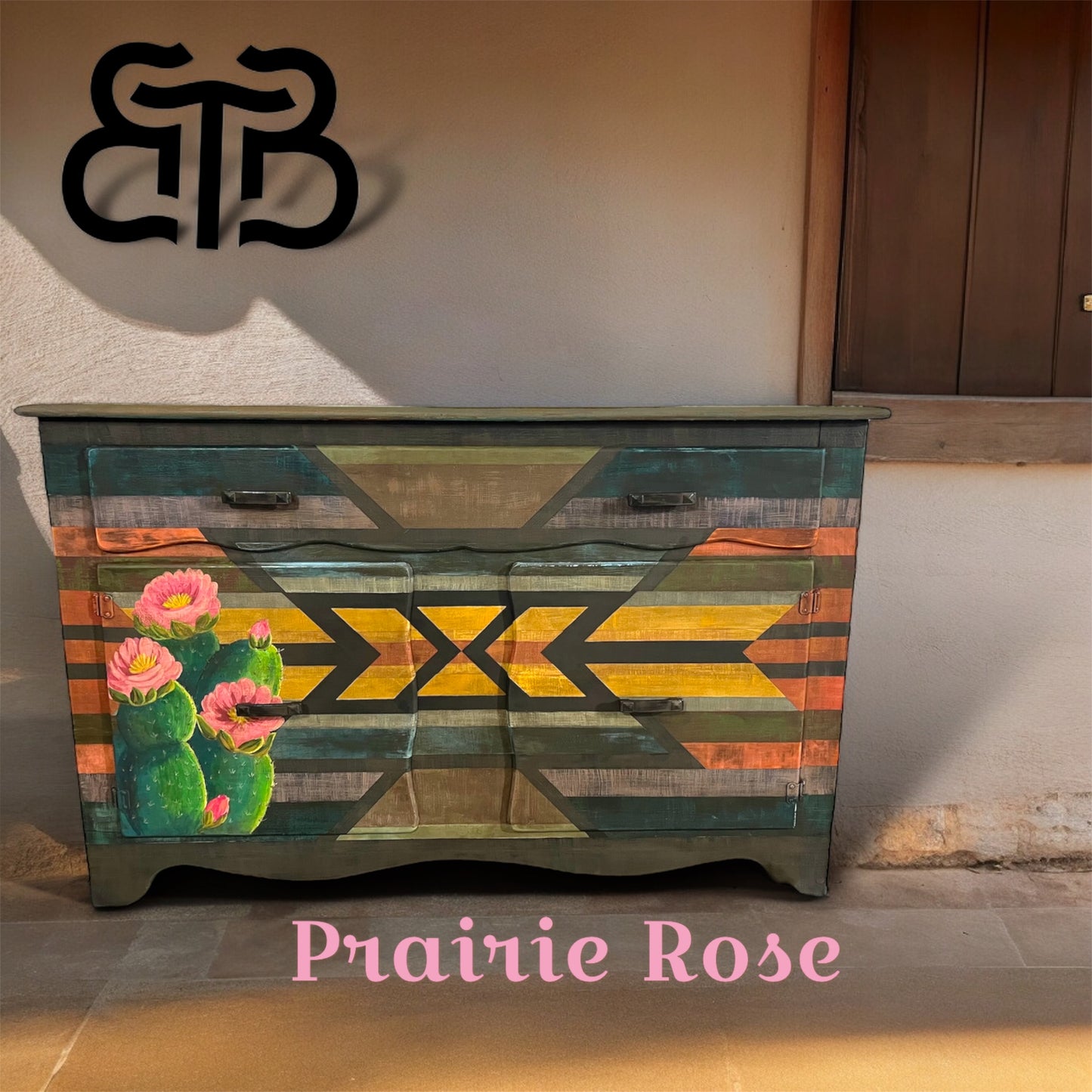 Prairie Rose  Hand-Painted Cactus Buffet – Western Boho Statement Piece