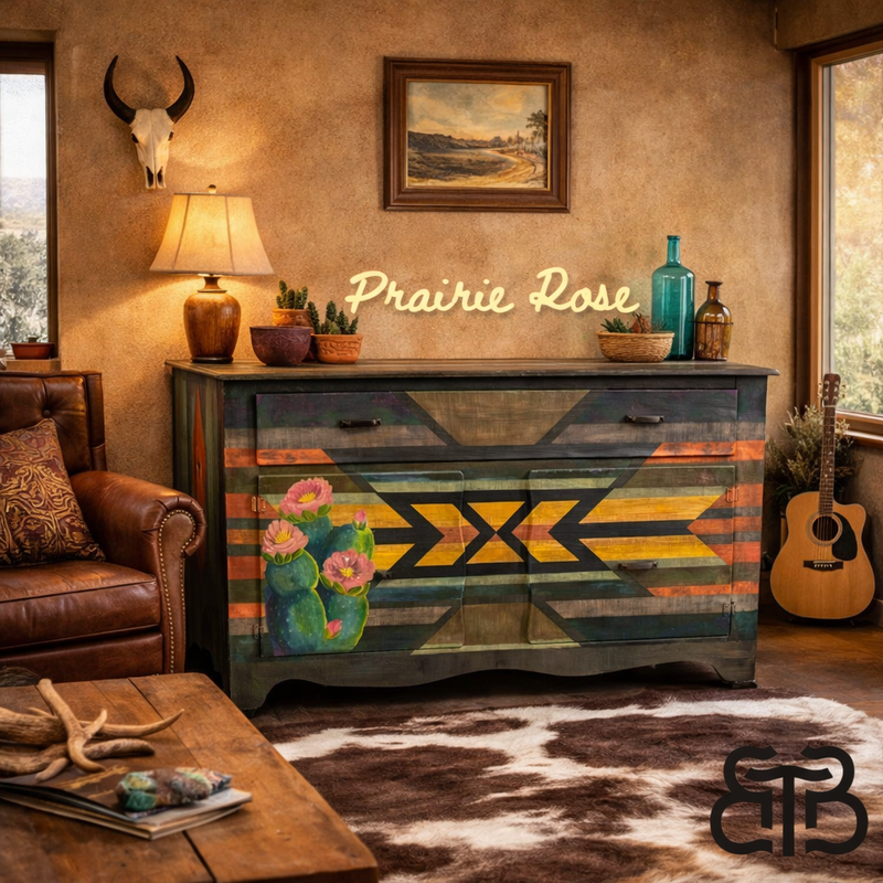 Prairie Rose  Hand-Painted Cactus Buffet – Western Boho Statement Piece
