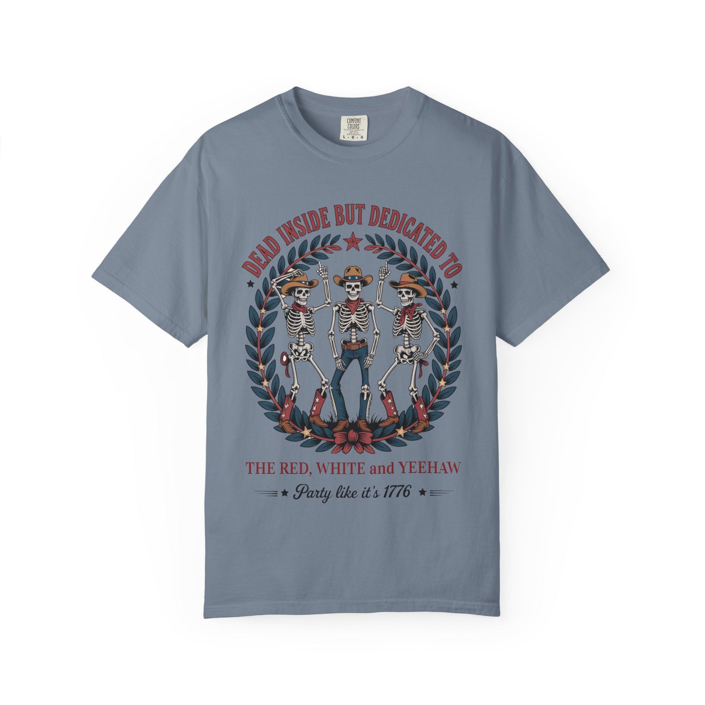 Red White and Yeehaw tee with funny 4th of July western graphic laid flat with white background in color blue jean