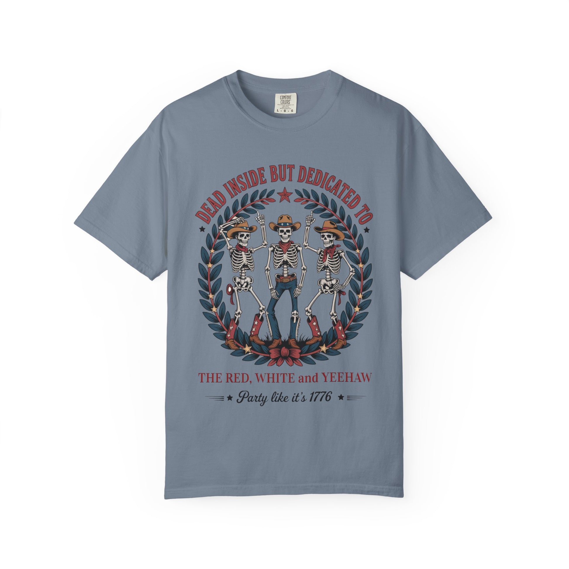 Red White and Yeehaw tee with funny 4th of July western graphic laid flat with white background in color blue jean