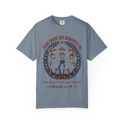 Red White and Yeehaw tee with funny 4th of July western graphic laid flat with white background in color blue jean
