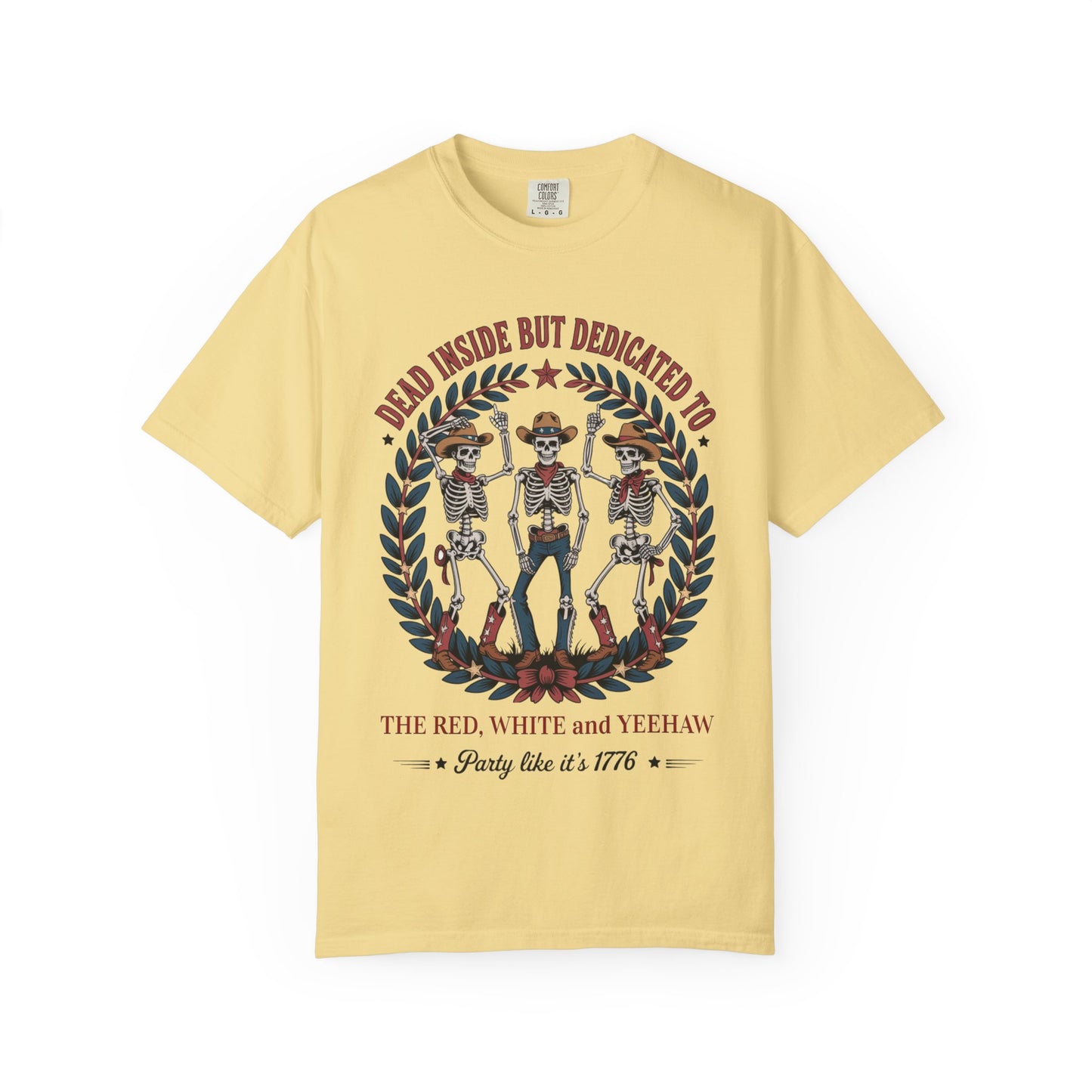Red White and Yeehaw tee with funny 4th of July western graphic laid flat with white background in color butter