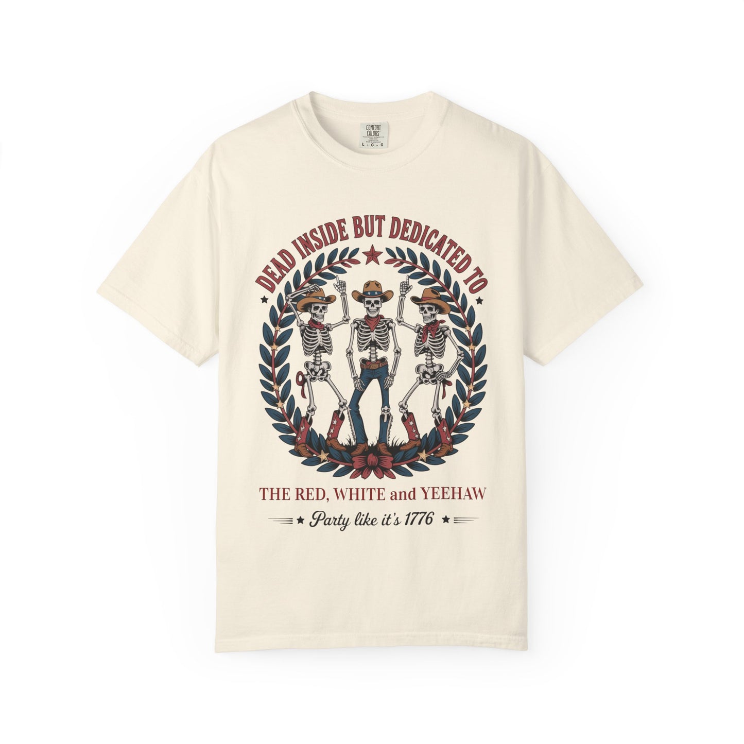 Red White and Yeehaw tee with funny 4th of July western graphic laid flat with white background in color ivory