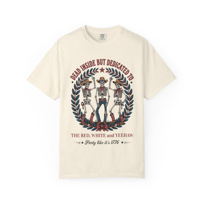 Red White and Yeehaw tee with funny 4th of July western graphic laid flat with white background in color ivory