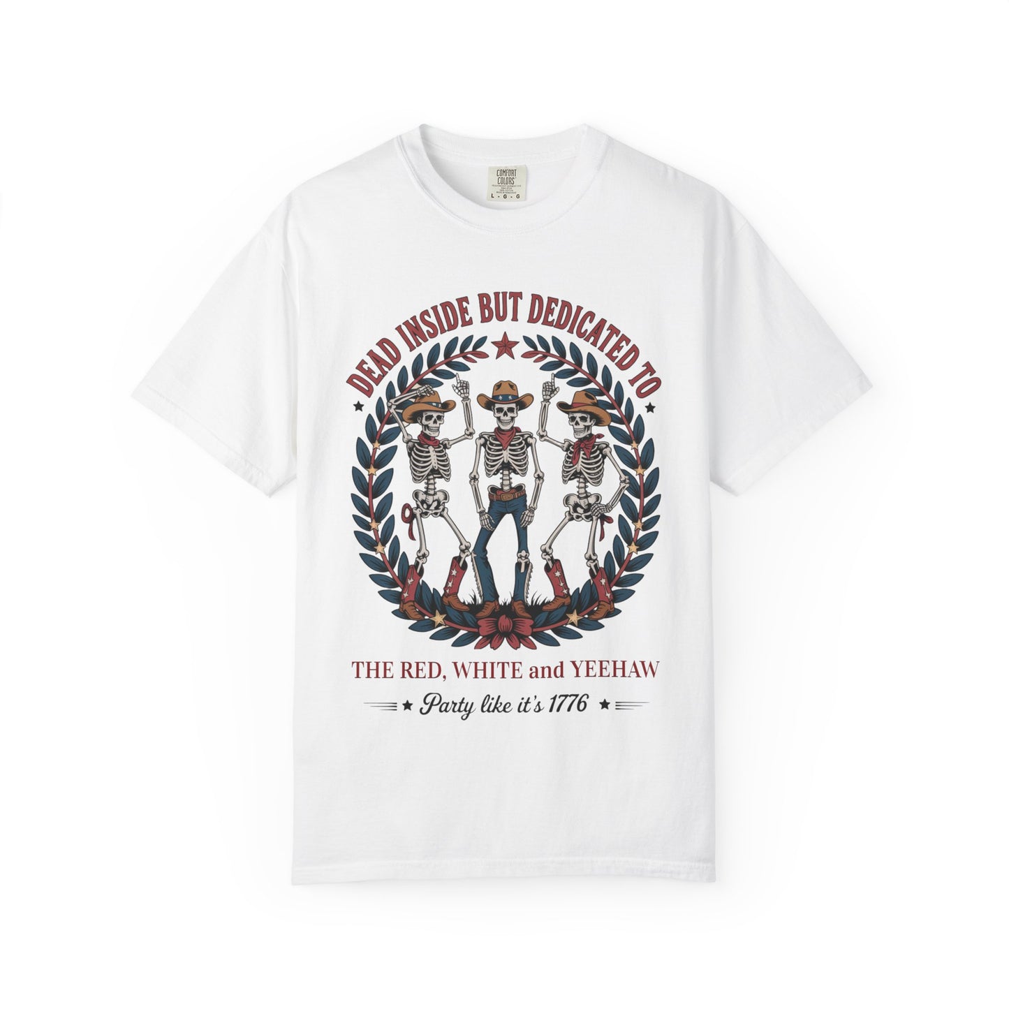 Red White and Yeehaw tee with funny 4th of July western graphic laid flat with white background in color white