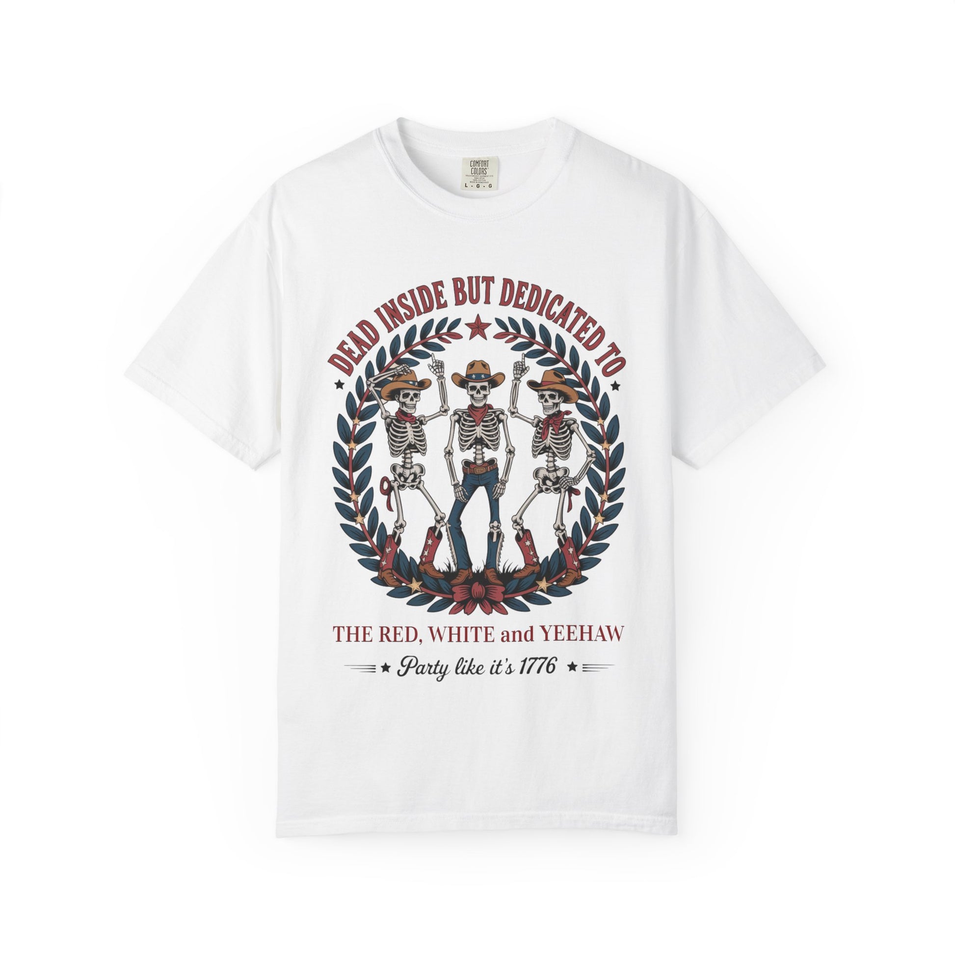 Red White and Yeehaw tee with funny 4th of July western graphic laid flat with white background in color white
