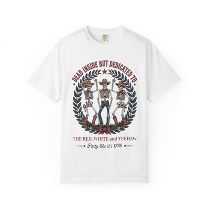 Red White and Yeehaw tee with funny 4th of July western graphic laid flat with white background in color white