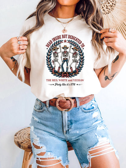 Red White and Yeehaw tee with funny 4th of July western graphic on model
