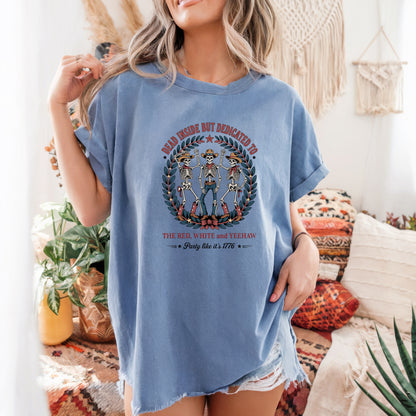 Red White and Yeehaw tee with funny 4th of July western graphic on model in color blue jean